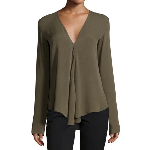 Theory Size Small Cedar Green Silk Meniph Long Sleeve V Neck Blouse - Picture 1 of 7